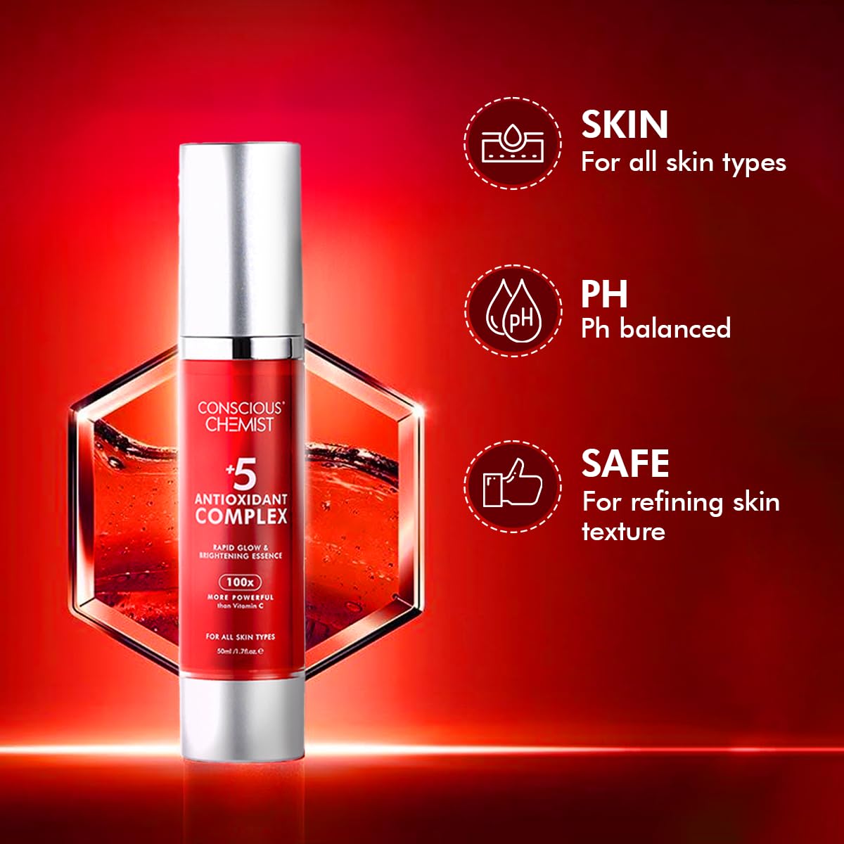 Conscious Chemist® Rapid Glow & Brightening Essence | Face Serum with 5 Antioxidant Complex (100X Stronger Than Vitamin C), Vitamin E & Retinol | For Radiant, Even-Toned Skin, For Men & Women, All Skin Types – 50ml