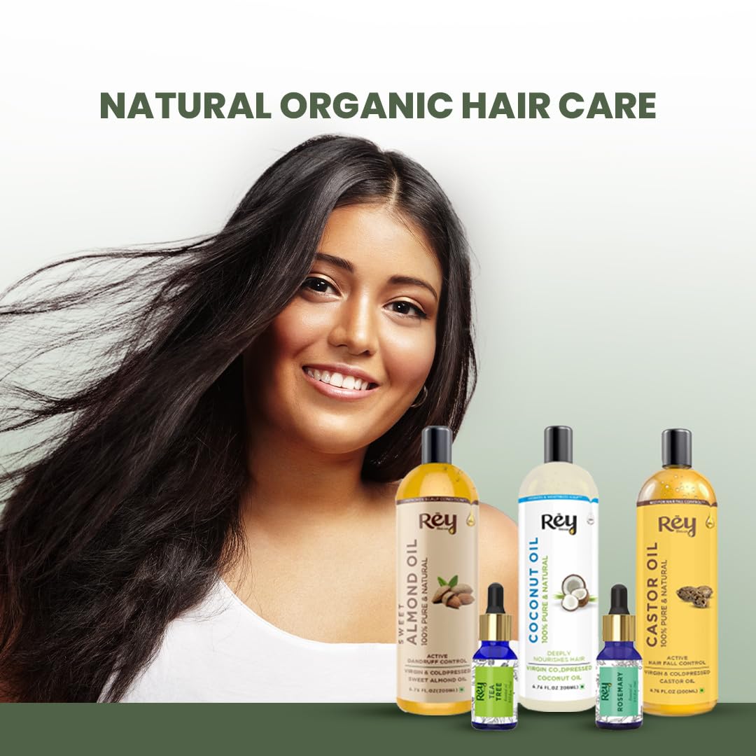 Rey Naturals Complete Hair Care Kit- Castor Oil+Coconut Oil+Almond Oil+Rosemary Oil+Teatree Oil