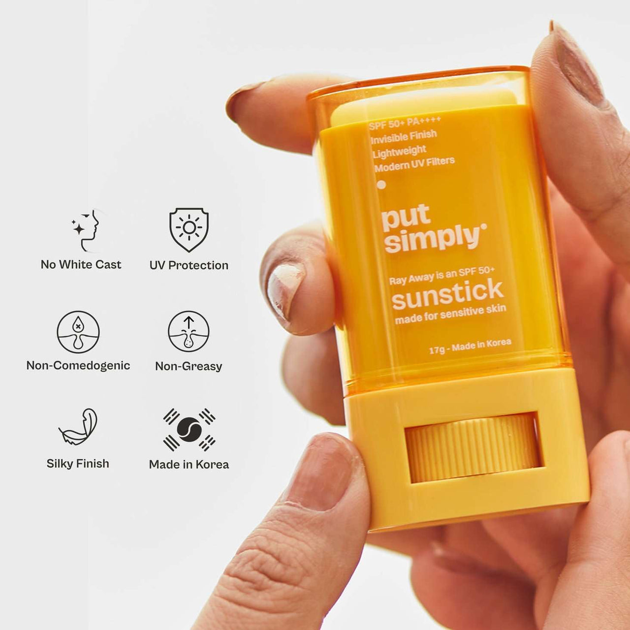 Put Simply Ray Away Korean BroadSpectrum Sunscreen stick SPF 50 PA++++ | Dry, Oily & Sensitive Skin | Cica & Ceramides | Zero White-Cast, Lightweight, Invisible Finish | Unisex | 17g
