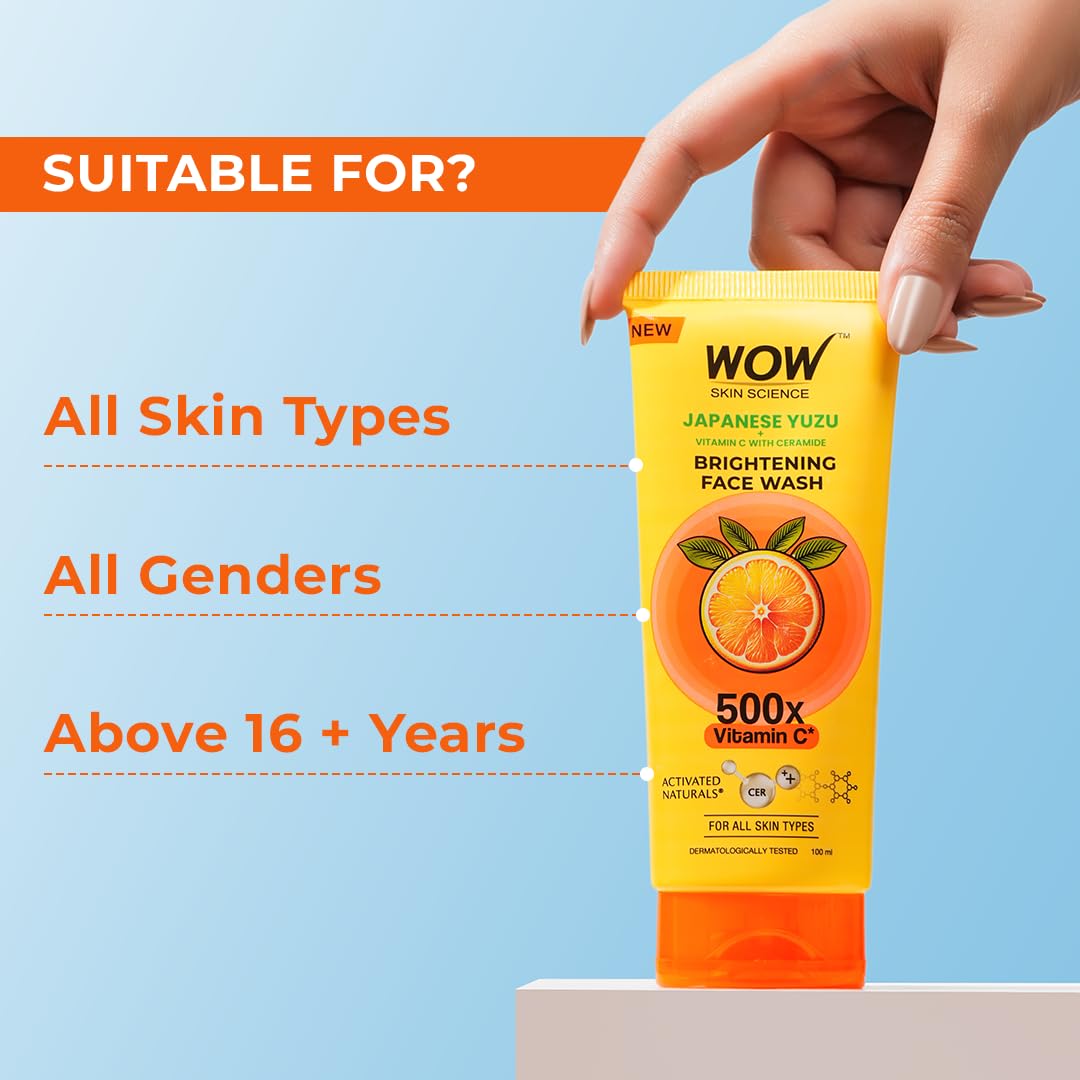 WOW Skin Science Japanese Yuzu + Vitamin C with Ceramide Brightening Face Wash | 500x Vitamin C | For Strengthened Glowing Skin | Paraben-Free Gentle Cleanser with Orange Peel & Camu Camu | 100ml