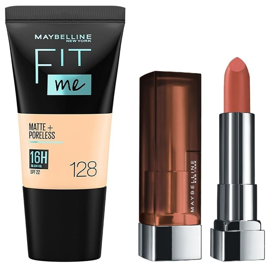 Maybelline New York Color Sensational Creamy Matte Lipstick, 657 Nude Nuance, 3.9G And Maybelline New York Fit Me Matte+Poreless Liquid Foundation Tube, 128 Warm Nude, 18Ml