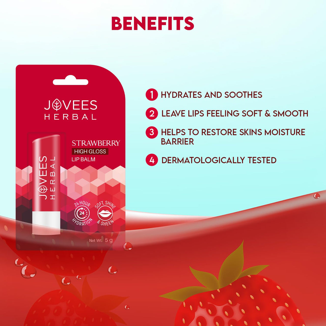 Jovees Herbal Strawberry High Gloss Lip Balm For Soft, Glossy And Supple Lips | 24 Hour Hydration | Rejuvenates Dark, Pigmented, Dry, Chapped And Discoloration Lips- 5g