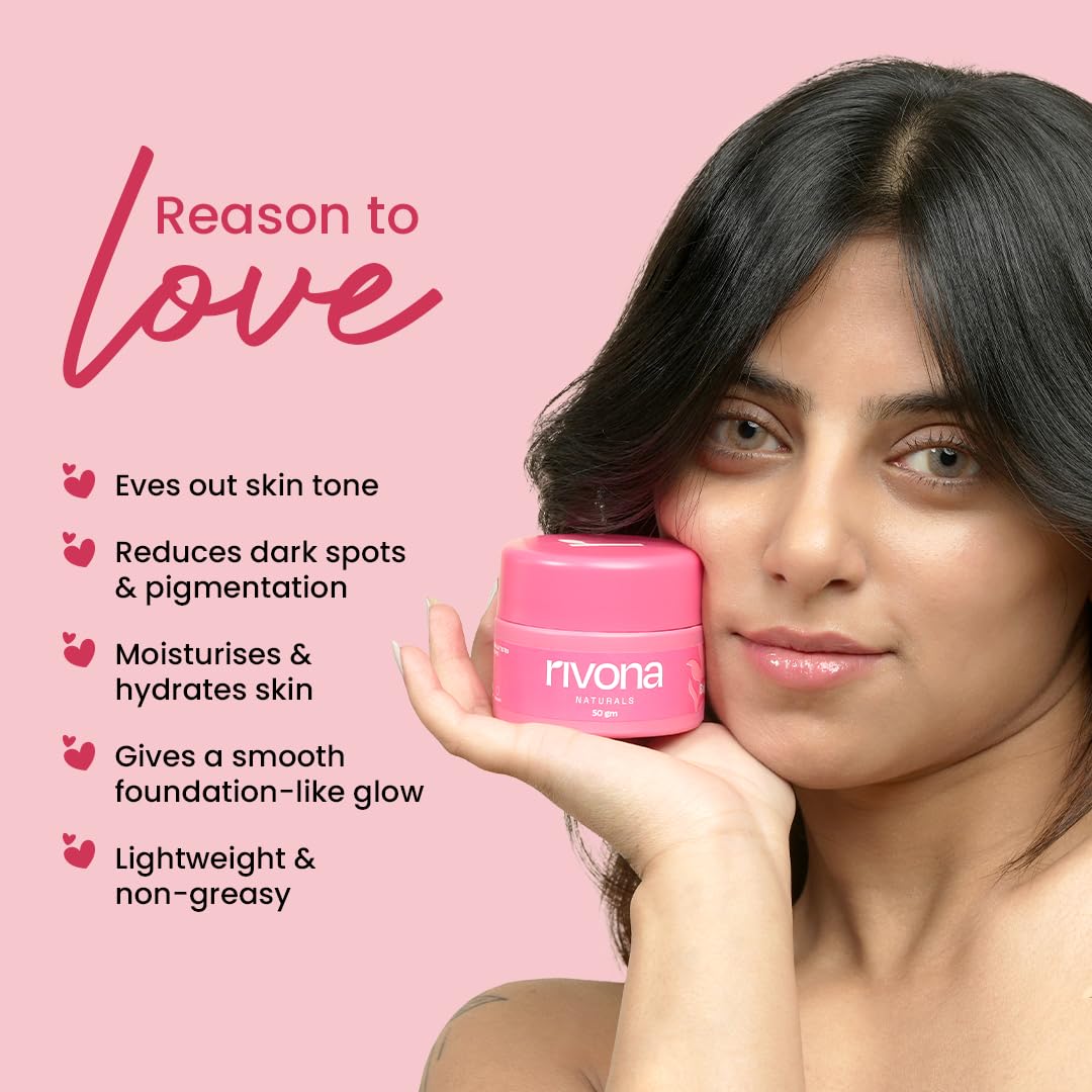 Rivona Naturals Deep Bright Pink Face Cream | Tinted Moisturizer | Long-Lasting Hydration | Light makeup look | Vegan | Niacinamide & Mulberry Extracts | All Skin Type | Glowy, Glass Skin | 50 gm ( Deep shade)