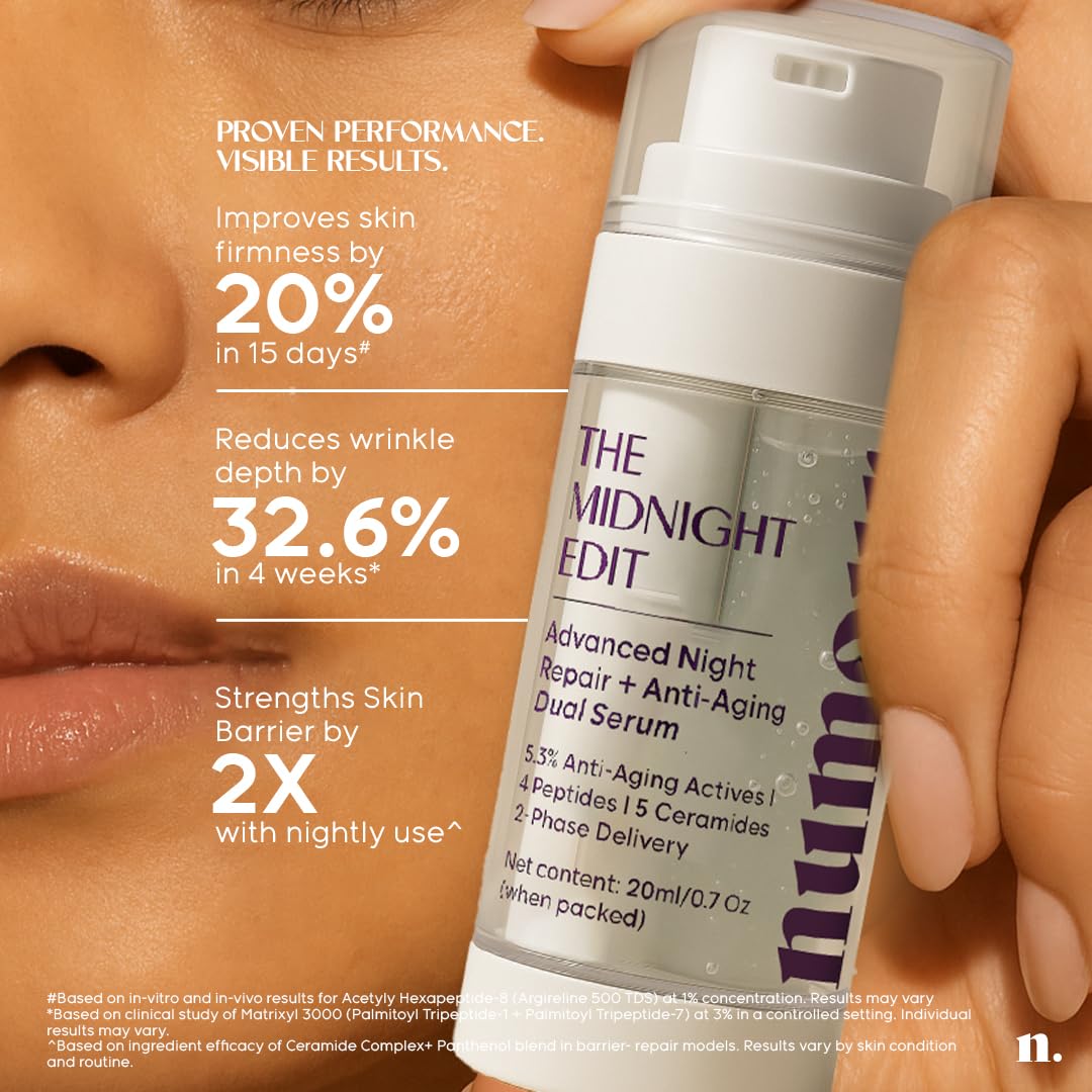 Numour Beginner Friendly Retinol Serum | Irritation Free | 0.3% encapsulated Retinol+4 Peptides+5 Ceramides | For Fine Lines & Wrinkles | Dermat Tested, Safe for Sensitive Skin |Face serum for Men & Women | The Midnight Edit Dual Anti-Aging Serum 20ml