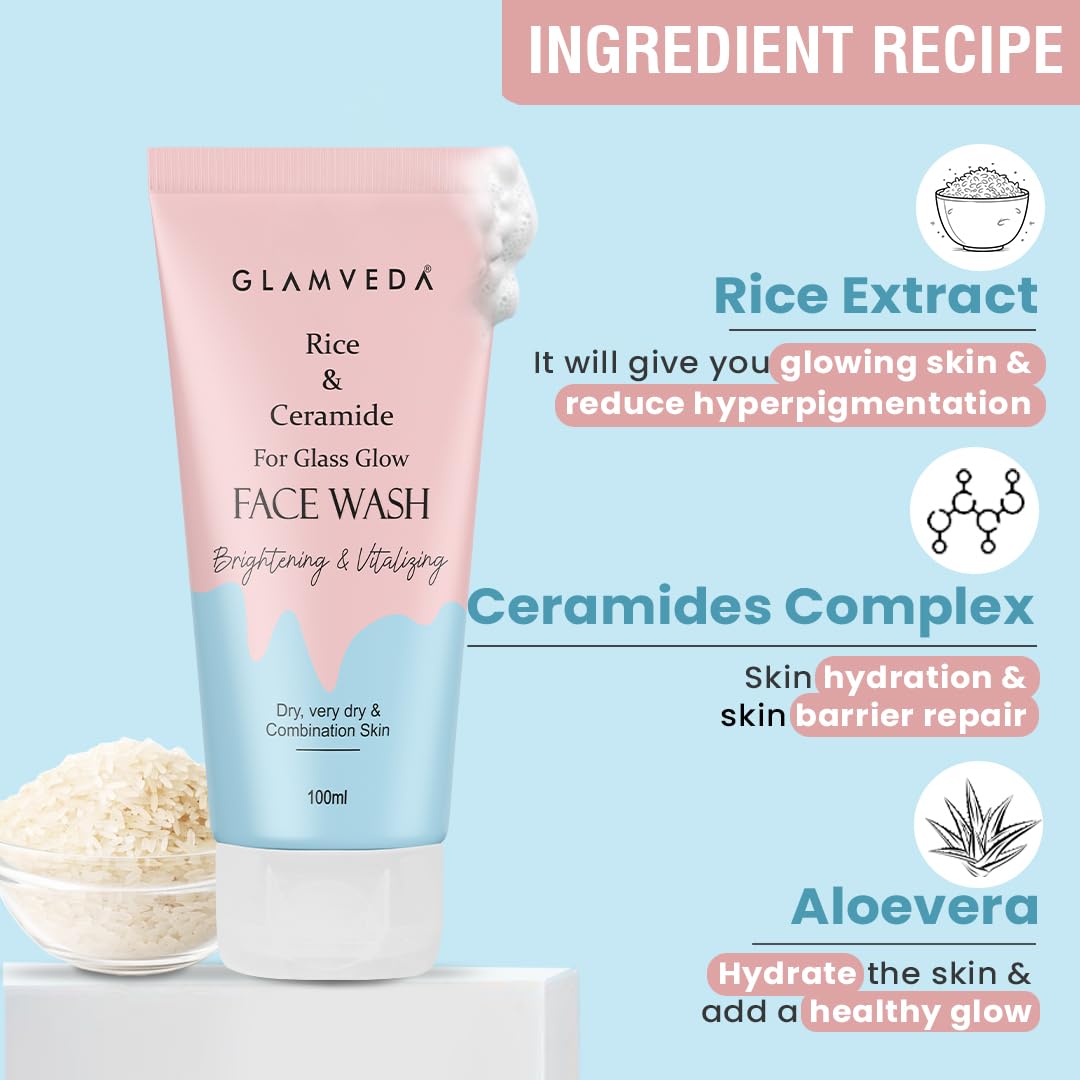 Glamveda Rice & Ceramide Korean Glass Glow Face Wash | For Dry, Sensitive & Combination skin types | Improves skin barrier | No Paraben, SLS | 100ml