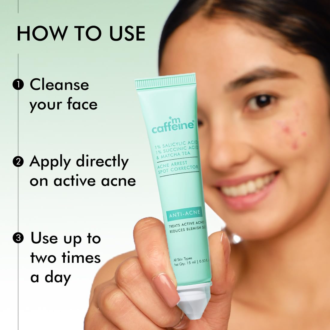 mCaffeine 1% Salicylic Acid Acne Arrest Spot Corrector with 1% Succinic Acid & Matcha Tea | Anti Acne Gel for Active Acne & Acne Scars | Reduces Acne Size & Redness | Soothing & Non-Drying for both Women and Men - 15 ml