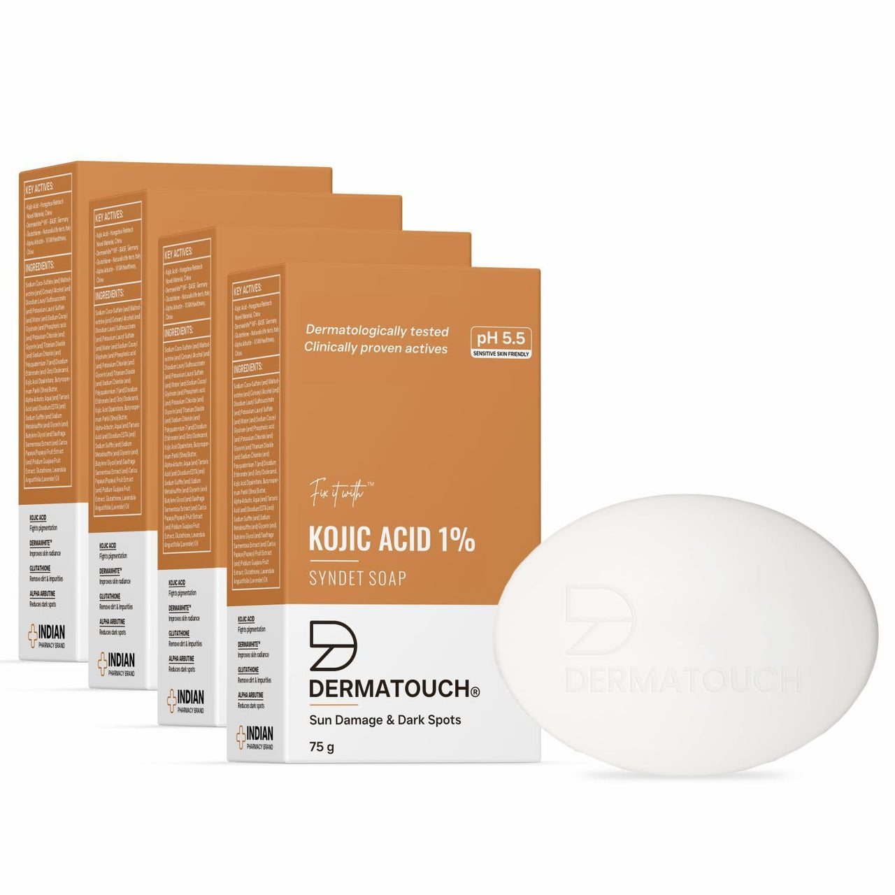 DERMATOUCH Kojic Acid 1% Soap with Glutathione | For Pigmentation & Sun damage | Soap for Men & Women | Suitable for All Skin Types | 75g x 4