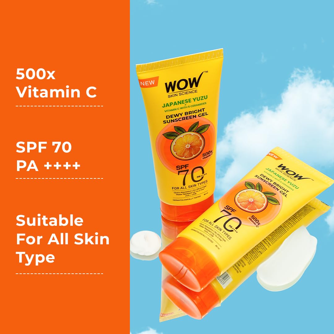 WOW Skin Science Japanese Yuzu + Vitamin C with 5 Ceramides Dewy Bright Sunscreen Gel | SPF 70 PA++++ 500x Vitamin C | Quick Absorption | No White Cast | Water Resistant | UVA + UVB Protection | 80ml