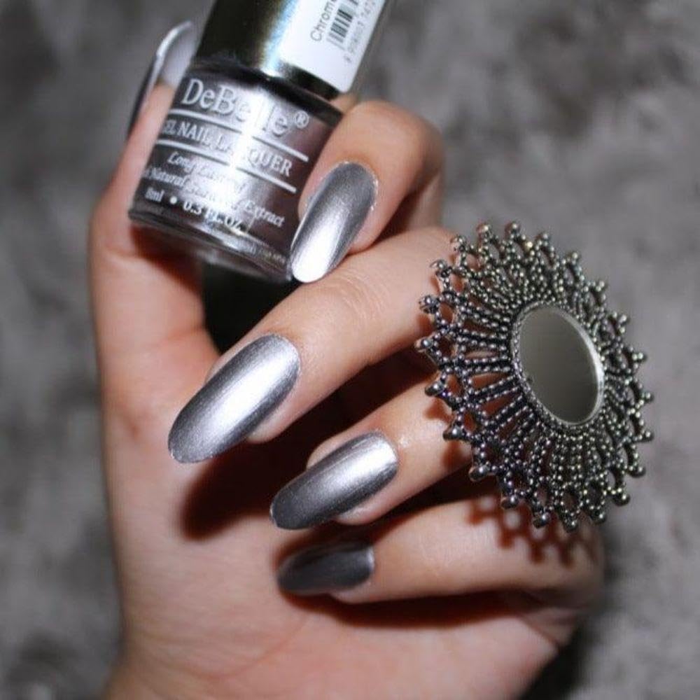 DeBelle Gel Nail Polish Chrome Silver (Metallic Silver Nail Paint)|Non UV - Gel Finish |Chip Resistant | Seaweed Enriched Formula| Long Lasting|Cruelty and Toxic Free| 8ml