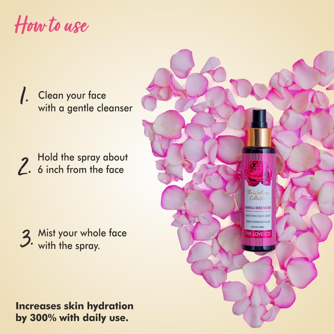 THE LOVE CO. Rose Water - 100% Pure and Natural, Steam Distilled for Skin, Face, and Hair - Authentic Kannauj Gulab Jal - Soothing Skin Toner Spray - Paraben, Alcohol, and Chemical-Free