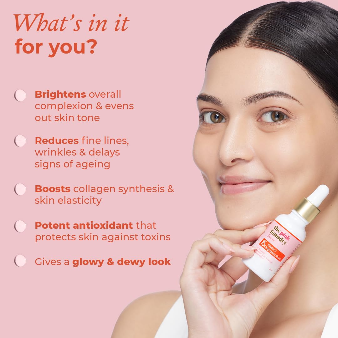 The Pink Foundry 15% Vitamin C Face Birghtening Serum | for Glowing Skin | Improves Dull Skin with 7% Transcutol-P, Phloretin & Rice Water | Light Weight & Non-Greasy | All Skin Types | Vegan | 30ml