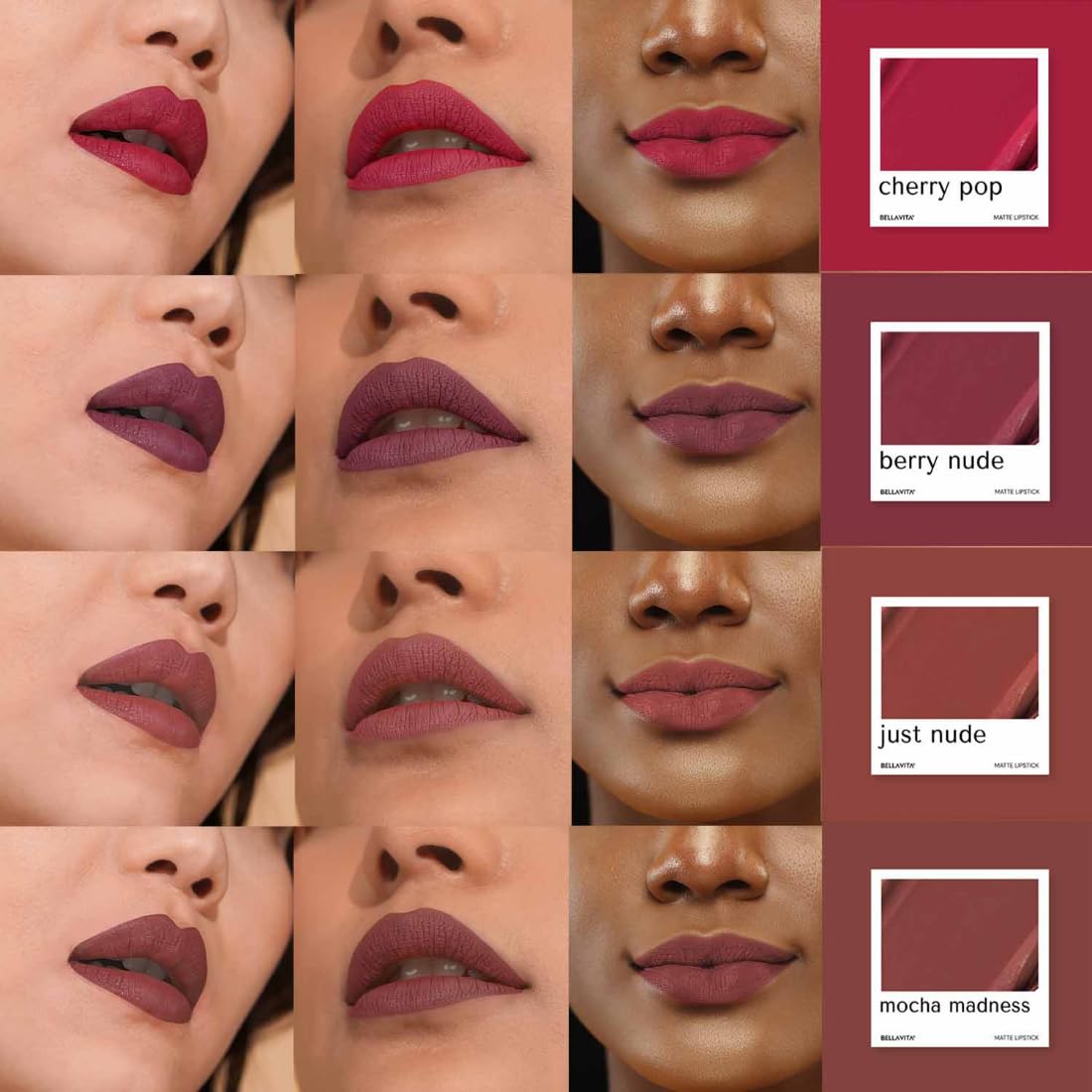 BELLAVITA Mini Kiss Proof Liquid Lipstick Gift Set of 4 x 2ml | Smudge & Transfer-Proof | Intense Moisturisation | Just Nude + Berry Nude + Mocha Madness + Cherry Pop | Lipstick Combo Set