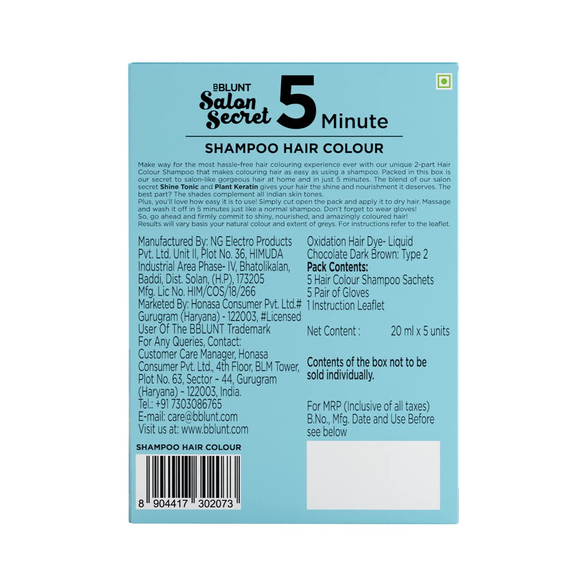 BBLUNT Chocolate Dark Brown 5 Minute Shampoo Hair Colour for 100% Grey Coverage - 20ml X 5