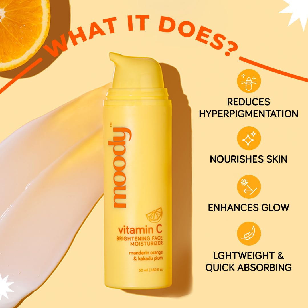 Moody Vitamin C Face Cream Serum Moisturizer For Glowing Skin with Niacinamide & Alpha Arbutin | Fades Pigmentation & Dark Spots, Reduces Skin Dullness | Oil Free & Lightweight | For All Skin Types | 50ml