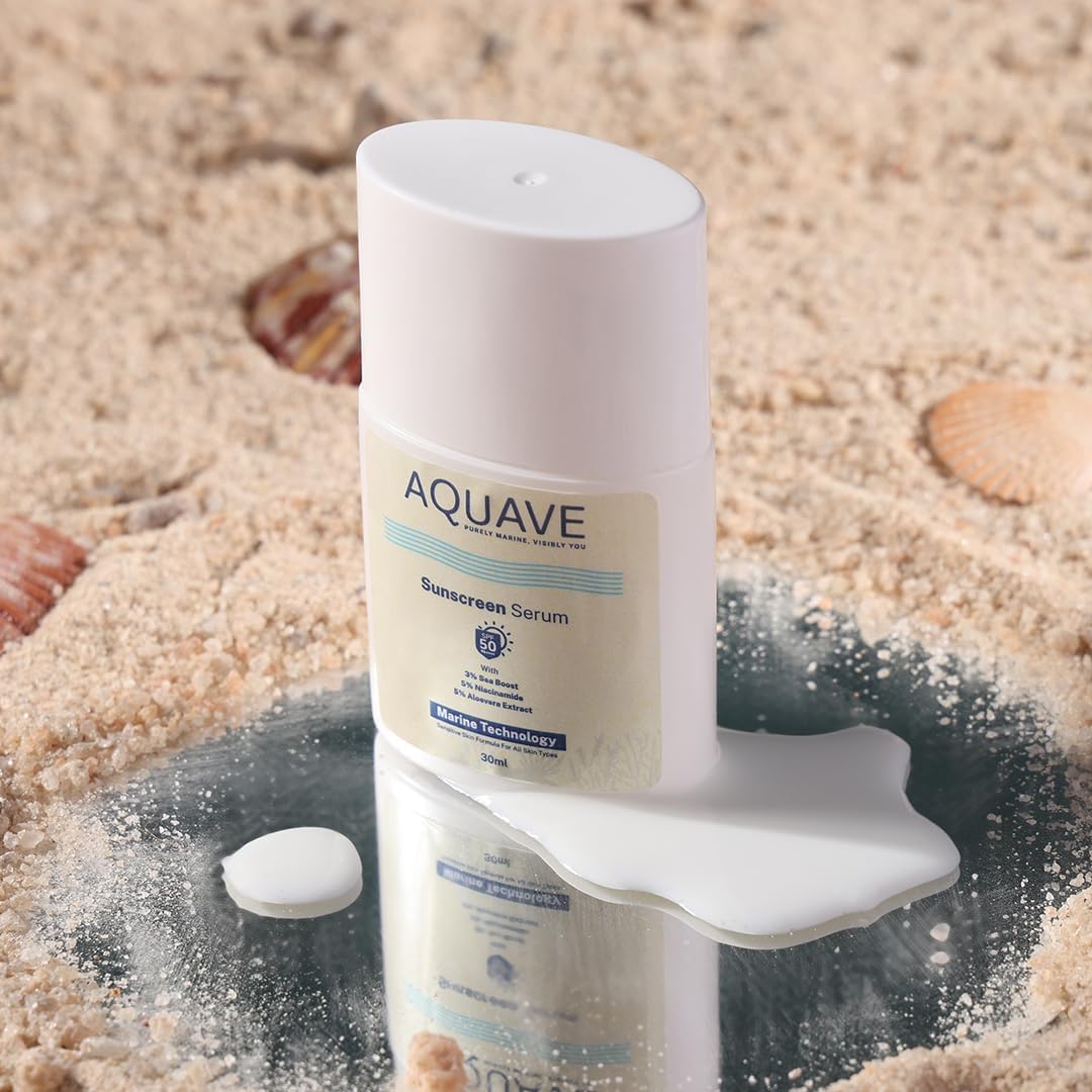 AQUAVE SPF 50 PA++++ Serum Sunscreen (30ml) 5% Niacinamide & 3% Sea Boost Superlight Marine-Based | 1% Hyaluronic Acid & 5% Aloe Vera | No White Cast | For All Skin Types (Oily, Dry, Acne-Prone) | Men & Women | Pocket Sunscreen