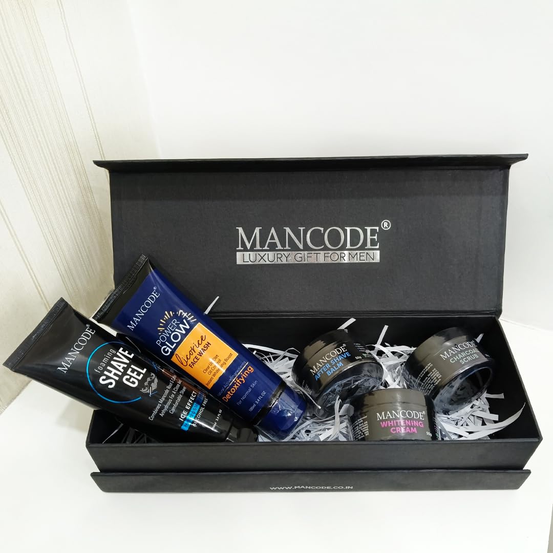 Mancode Grooming Gift Set - The Ultimate Glow Kit for Men | Complete Grooming Kit | Hydrates & Revitalizes Skin (Shave Gel,Face Wash,After Shave Balm,Whitening Cream,Scrub) Stylish Gift Box Pack of 5