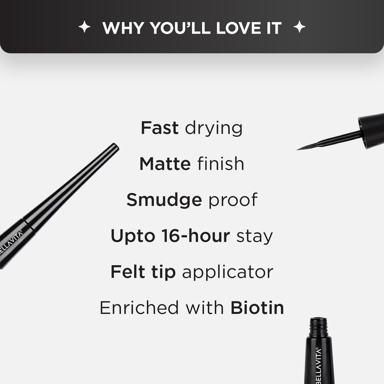 BELLAVITA Intense Drama Waterproof Smudge Proof Eyeliner 3.5ml, Black, Matte Finish, Fast-Drying, Felt Tip Applicator, Enriched with Biotin