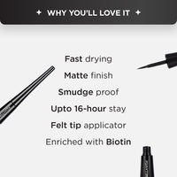 BELLAVITA Intense Drama Waterproof Smudge Proof Eyeliner 3.5ml, Black, Matte Finish, Fast-Drying, Felt Tip Applicator, Enriched with Biotin
