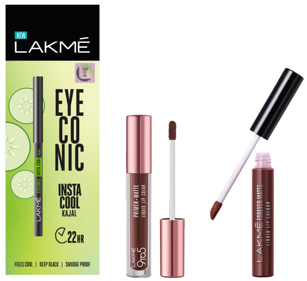 Lakmé 9to5 Primer + Matte Liquid Lip Color MB3 Strong Espresso & LAKMÉ Eyeconic Insta Cool Kajal, Black & Lakme Forever Matte Liquid Lip Colour, Intense Matte Finish All Day Long, Smudgeproof & Looks Freshly Applied For Upto 20Hrs, Brown Espresso, 5.6 ml