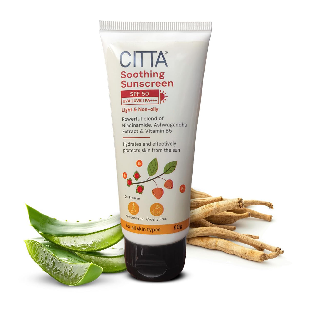 CITTA Soothing Sunscreen SPF 50 PA+++ For Men & Women | Broad Spectrum Protection Hydrating Sunscreen For All Skin Types | No White Cast, Non-Greasy & Quick- Absorbing | Power Blend Of Niacinamide, Thanaka & Ashwagandha | 50 gm