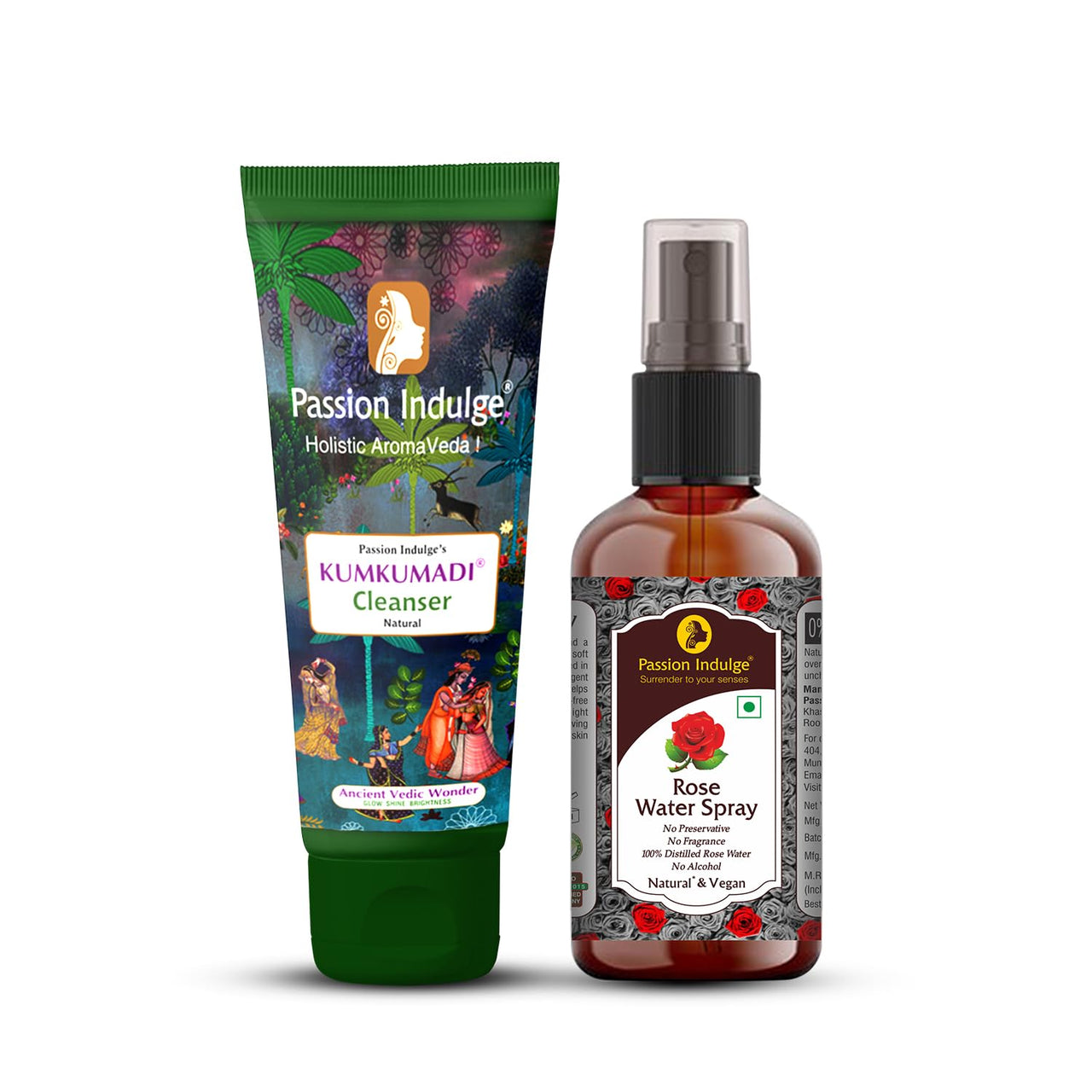 Passion Indulge Natural Kumkumadi Cleanser 100ml & Rose Water For Makeup Remover 200ml Combo Pack For Glow, Shine & Bright Skin with Saffron, Vetiver Oil, and 16 Herbs | All Skin Types