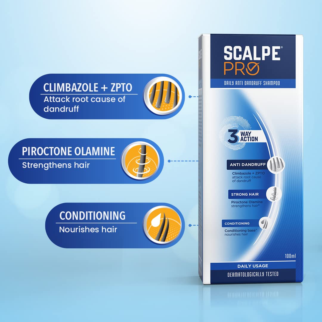 Scalpe Pro Daily Anti-Dandruff Shampoo | Removes Dandruff from Source | Helps with Itching, Irritation & Redness accompanying Dandruff | Scalpe Science | Climbazole & ZPTO Formulation | Strong & Smooth Hair | Daily Use | Dermatologically Tested Solution |