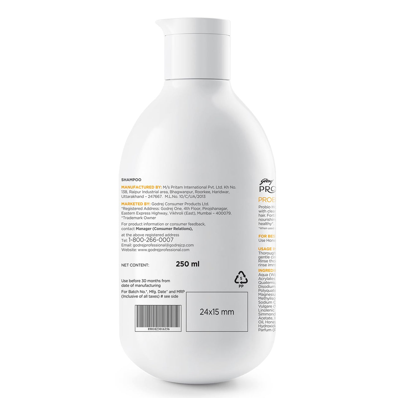 Godrej Professional Honey Moisture Shampoo, For Dry & Damaged Hair - 250ml, No Paraben, with Honey & Nourishing Oil