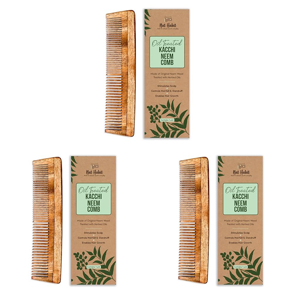 Nat Habit Kacchi Neem Wooden Comb - Soaked In 17 Herbs, Neem & Sesame Oil For Multi-Actions - Detangling, Frizz Control & Shine,Suited For All Hair Types (Dual Tooth) (Pack of 3)