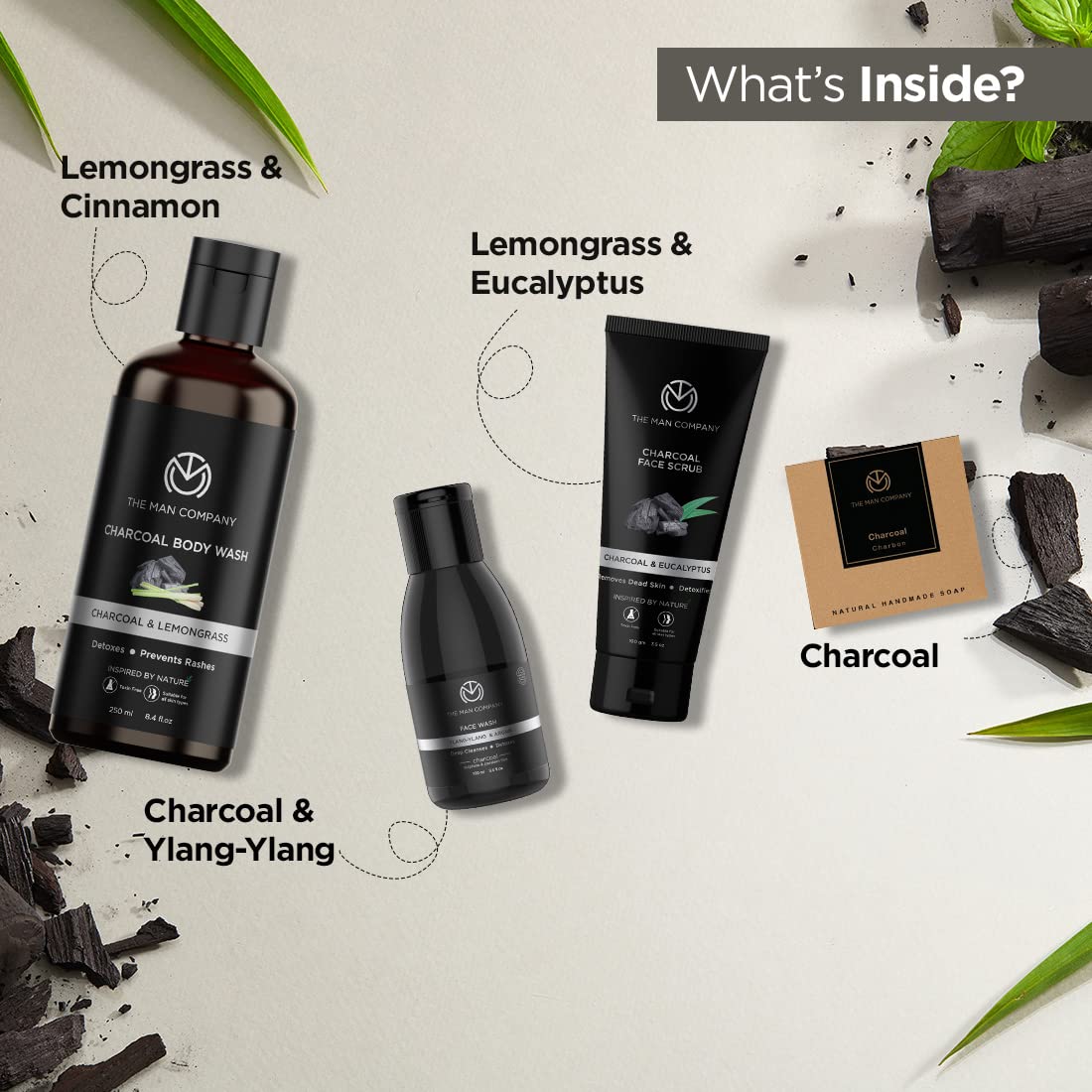 The Man Company Ultimate Charcoal Detan Kit With Elegant Gift Box | Charcoal Body Wash, Shampoo, Face Scrub, Face Wash, Soap, Sheet Mask*2, Cleansing Gel, | Gift Set For Him