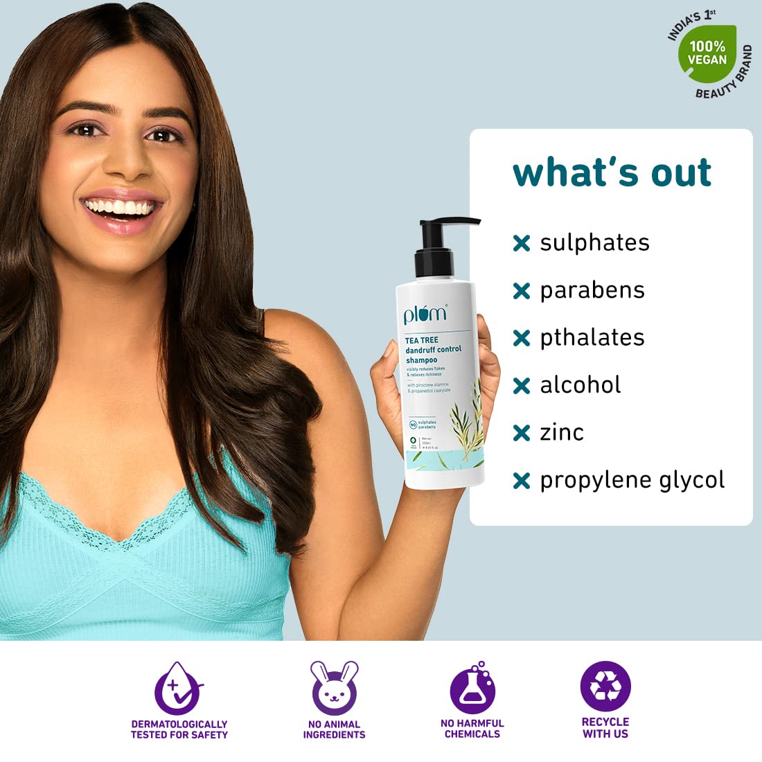 Plum Tea Tree Dandruff Control Shampoo I With Tea Tree Oil,Propanediol Caprylate&Willow Bark Extracts I For All Hair Types Dandruff Control|Sulphate Free|Paraben- Free I 100% Vegan|250 Ml,2 Count
