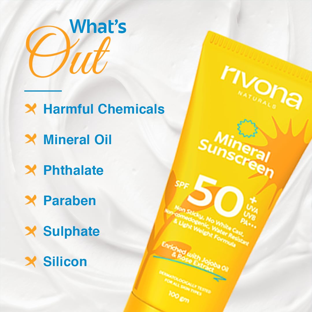 Rivona Naturals Mineral Sunscreen Spf 50 PA +++ for Acne-prone skin| UVA & UVB filters| No White Cast| Non-Oily, Non-Sticky & Water resistant| For dry, oily and sensitive skin| 100 gm
