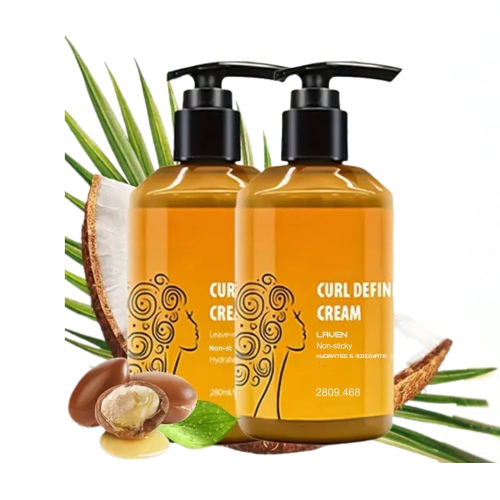 Curl Defining Cream Sulfate and Paraben Free, for Dry Hair, Unisex Adult, 4.6 fl oz Each Leave-in Non-Sticky Hair Treatment, Hydrates and Eliminates Frizz, 280ml (Pack of 2)