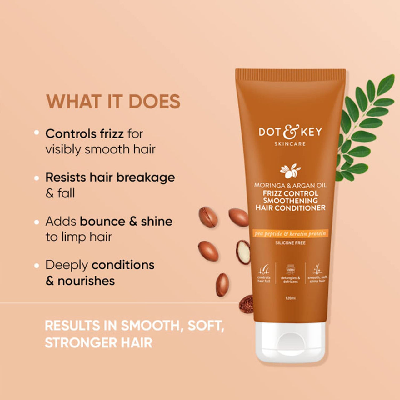 Dot & Key Moringa & Argan Oil Fizz Control Smoothening Hair Conditioner | Hair Fall Control Conditioner for Dry| Sulphate Free | For Strong & Smooth Hair | For Women & Men | 120 millilitre