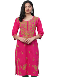 Ada Women's  Straight Cotton Kurti Lucknowi Handmade Chikankari Tunic Kurta