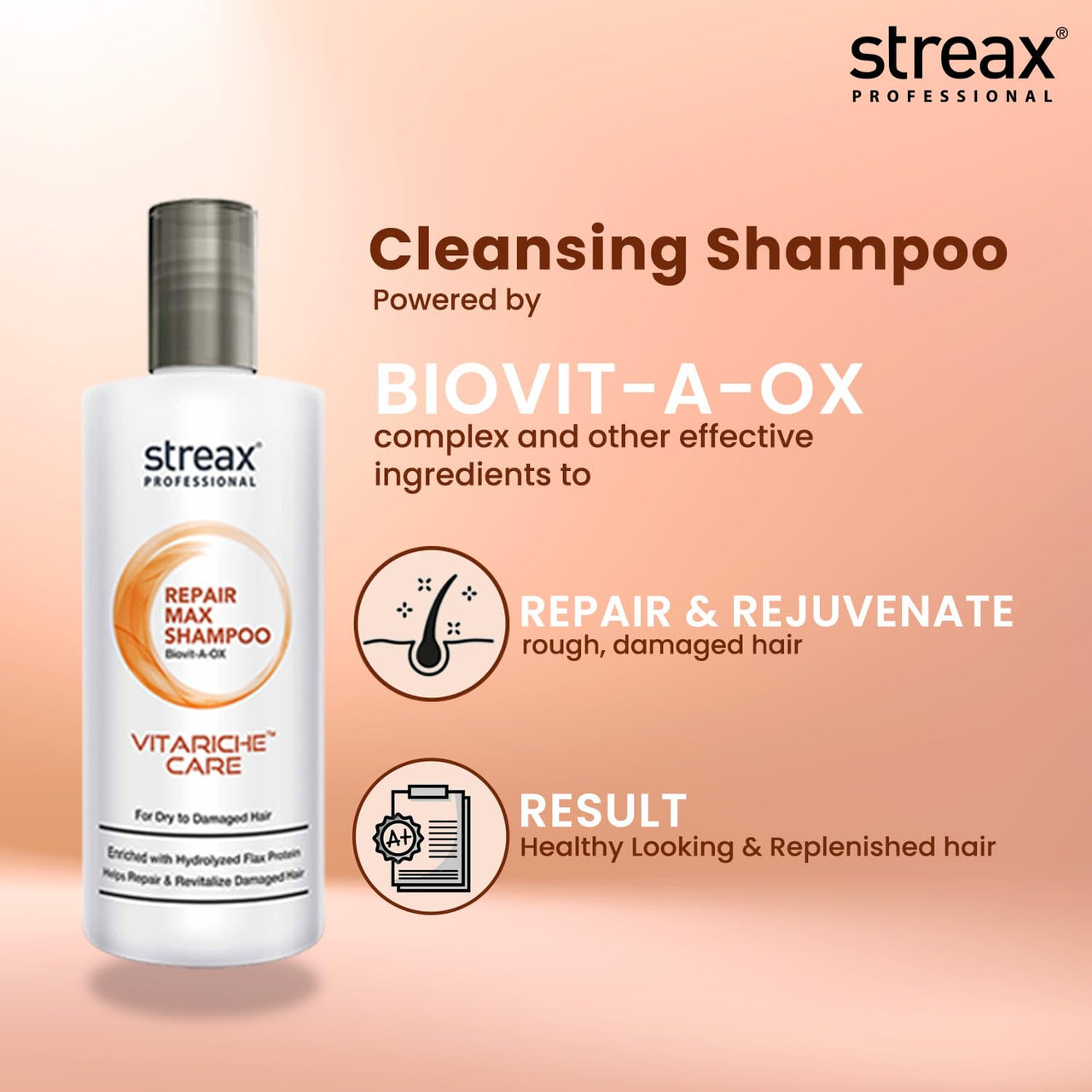 Streax Professional Vitariche Care Repair Max Shampoo For Women | Hair Shampoo With Biovit-A-OX Complex, Hydrolysed Flax Protein & Ceramide| Mild Shampoo For Dry, Damaged Hair, 300ml