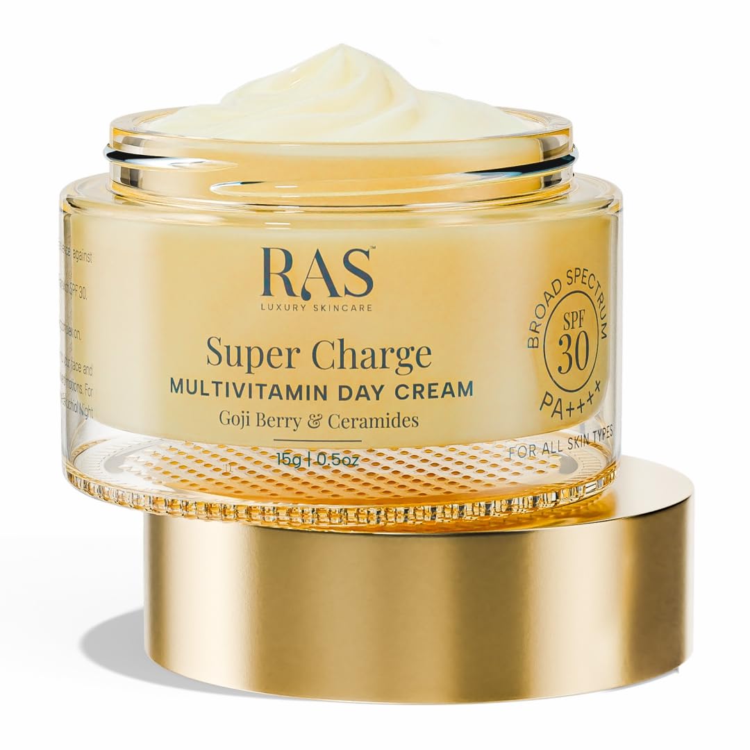 Ras Luxury Oils Super Charge Day Cream with SPF 30 PA++++ Goji Berry & Ceramides | Moisturizer for Glowing Skin with 72HR Hydration | For Skin Brightening | Normal, Oily, Dry & Combination Skin |15gm