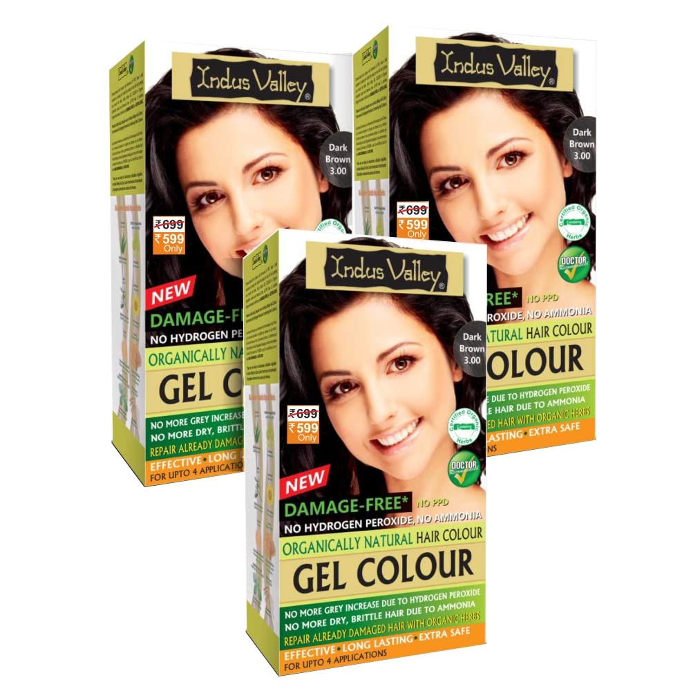 INDUS VALLEY Damage Free Natural Gel Hair Colour for Women | Ammonia & PPD Free Organic Hair Colour with 100% Grey Coverage, Long Lasting Conditioning Hair Color | Dark Brown 3.00, 220 ml - Pack of 3