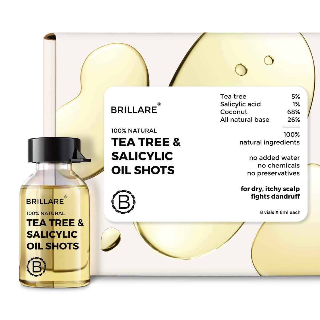 Brillare Tea Tree, Salicylic Acid & Coconut Shots, Light Oil for Summer, Best for Dry & Itchy Scalp, Dandruff Control, Reduces Excess Scalp Oil, 100% Natural Summer Hair Treatment, 48ml
