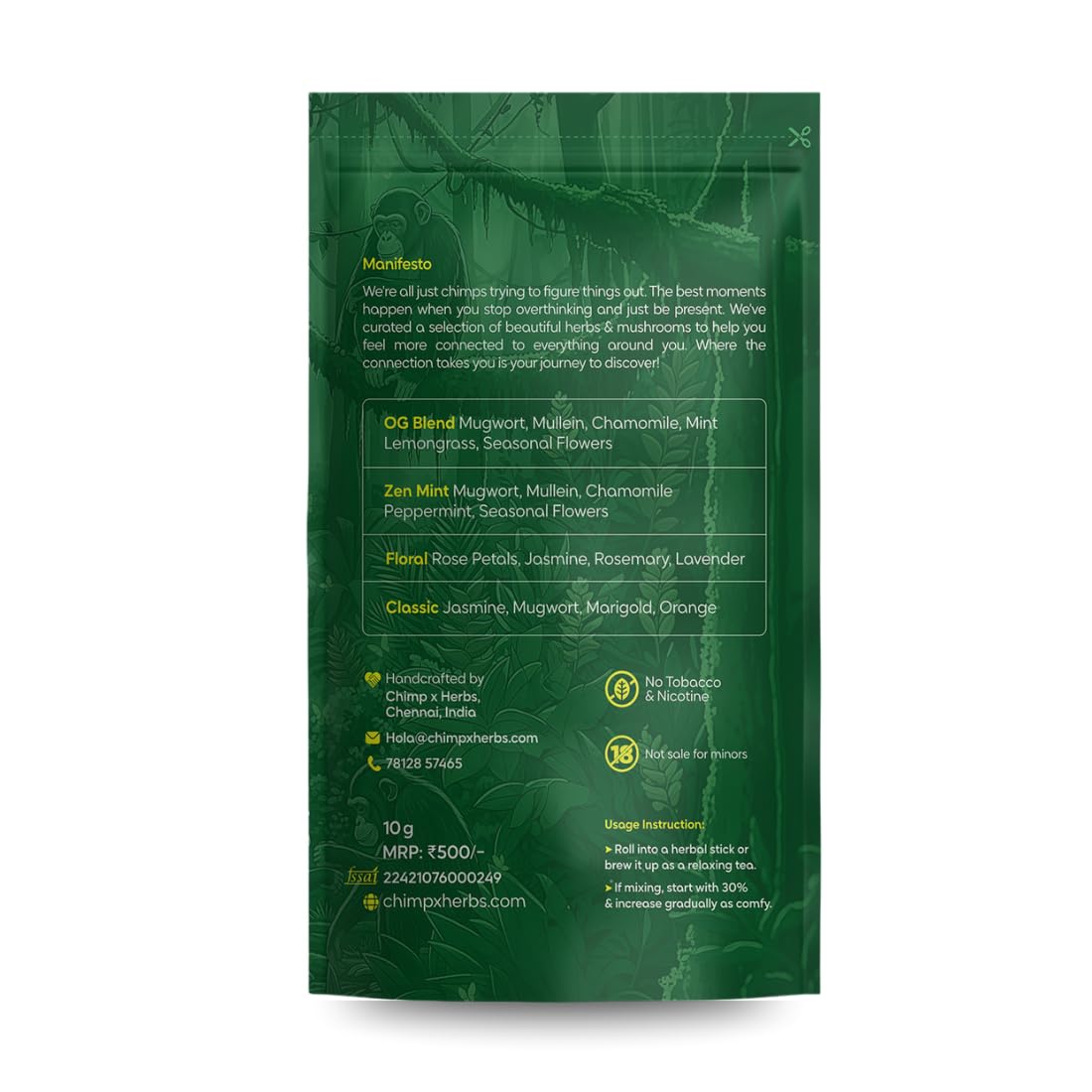 Chimp x Herbs OG Blend 10G - Exotic Himalayan Herbs | 100% Natural Herbs to Relax with Mugwort, Mint & Chamomile | Tobacco Free & Nicotine Free Herbal Tea Blend Mix