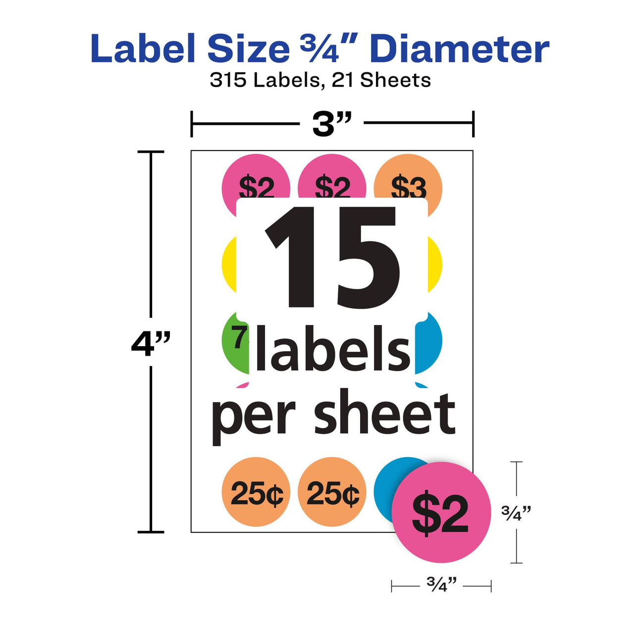 Avery Garage Sale Removable Labels, 3/4 Inch Round Labels, Assorted Colors, Non-Printable, 315 Pricing Stickers Total (6725) 315 labels