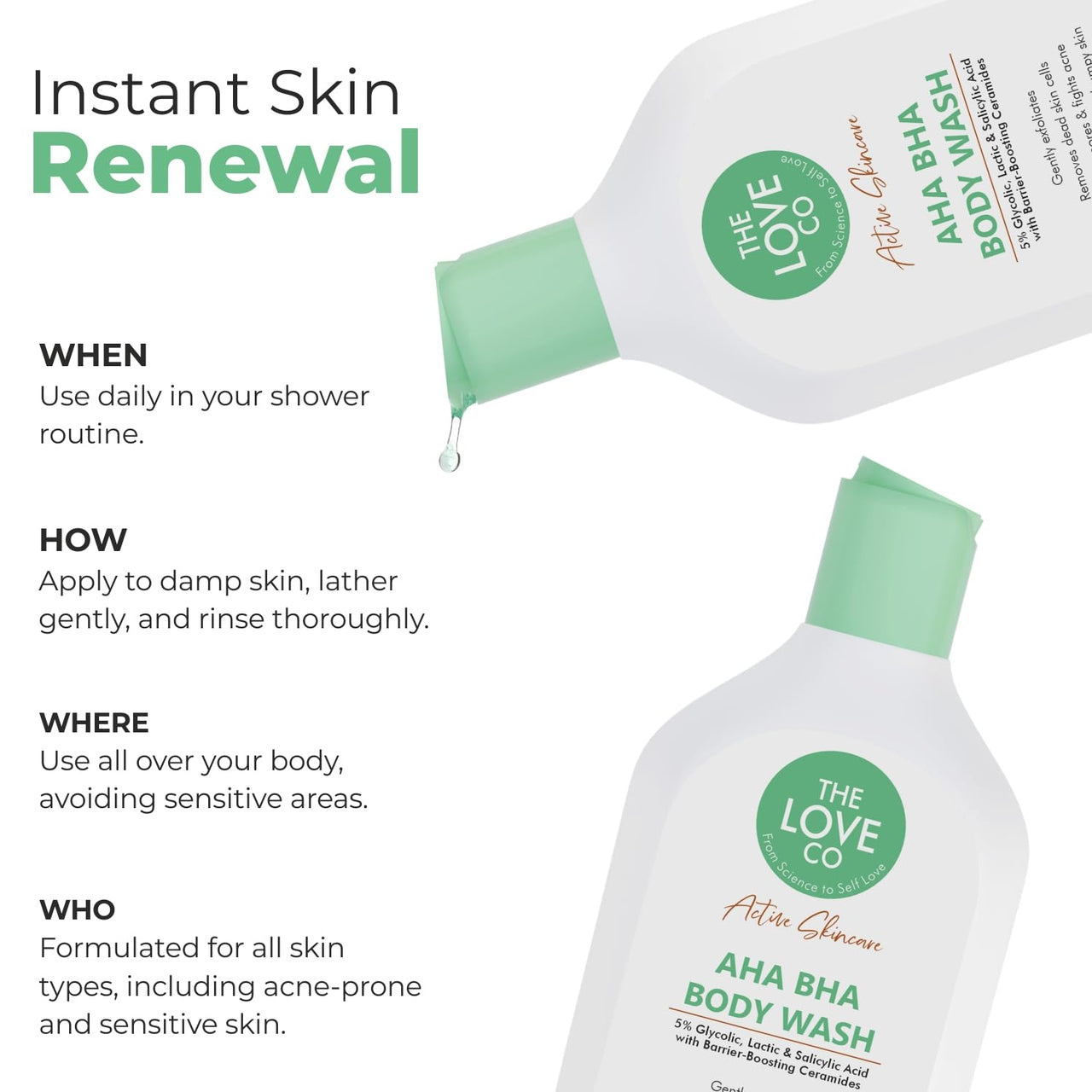 THE LOVE CO. AHA BHA Body Wash | 5% Glycolic, Lactic & Salicylic Acid | Gently Exfoliates, Fights Acne & Unclogs Pores | With Barrier-Boosting Ceramides | Sulphate-Free | Unisex | 350ml