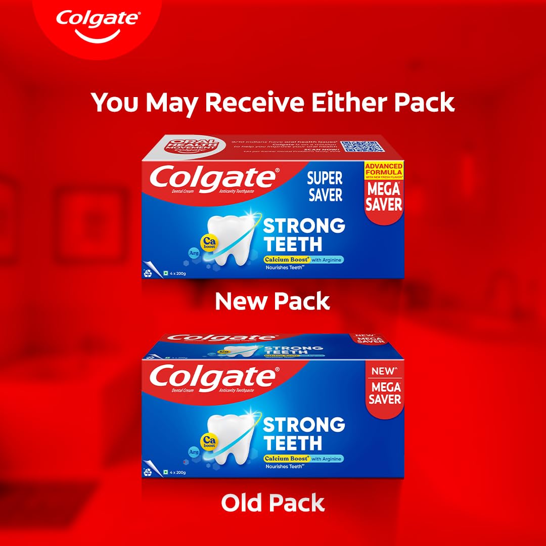 Colgate Strong Teeth Toothpaste, 800g (200g*4), India's No: 1 Toothpaste Brand, Calcium-boost Tooth Paste for 2X Stronger Teeth, Whitens Teeth, Fresh Breath & Prevents Cavities (Combo Pack Offer)