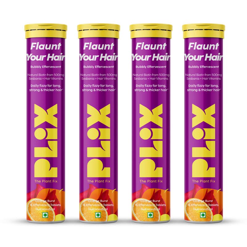 PLIX - THE PLANT FIX Heavenly Hair With Natural Biotin|15 Effervescent Tablets, Orange Flavour, Pack Of 4|Supports Long, Lustrous, Strong Hair, Dairy Free, Sugar Free, Non Gmo, 440 Grams