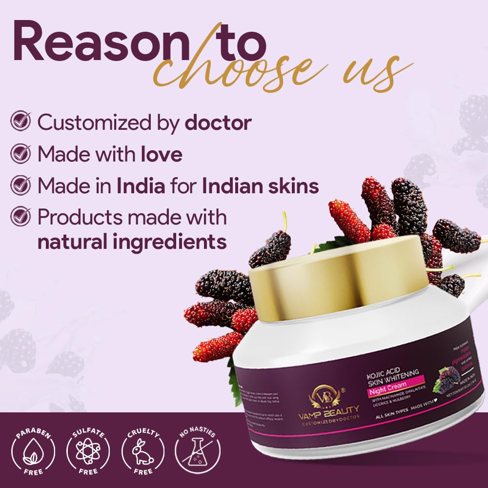 Vamp Beauty Kojic Acid Skin Brightining Night Cream | For Improving Skin Shade | Helps with Hyperpigmentation, Dark Spots | Enriched with Niacinamide, Mulberry & Licorice; For All Skin Types