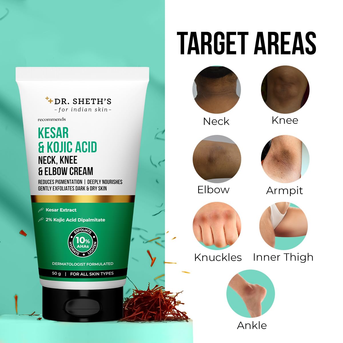 Dr. Sheth's Kesar & Kojic Acid Neck, Knee & Elbow Cream | Clinically Tested | Helps To Reduce Pigmentation | 10% AHAs+2% Kojic Acid+Urea | For Dark Neck, Ankles, Knuckles, Knees, Thighs & Elbows | 50g