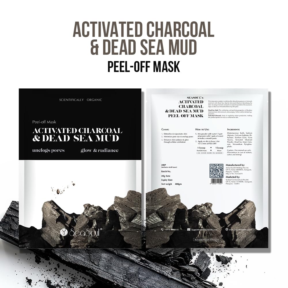 SEA SOUL Detox Peel-Off Mask - 20 g | With Activated Charcoal & Dead Sea Mud | Brightens Skin, Unclogs Pores & Enhances Radiance | Deep Cleansing Face Mask
