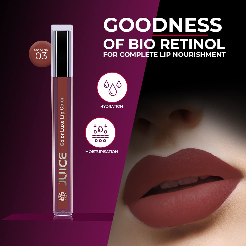 Juice Matte Color Luxe Lipstick | With Goodness of Bio Retinol, Moisturising lock technology, SPF 15 Waterproof & Long Lasting Teddy Brown (M03)