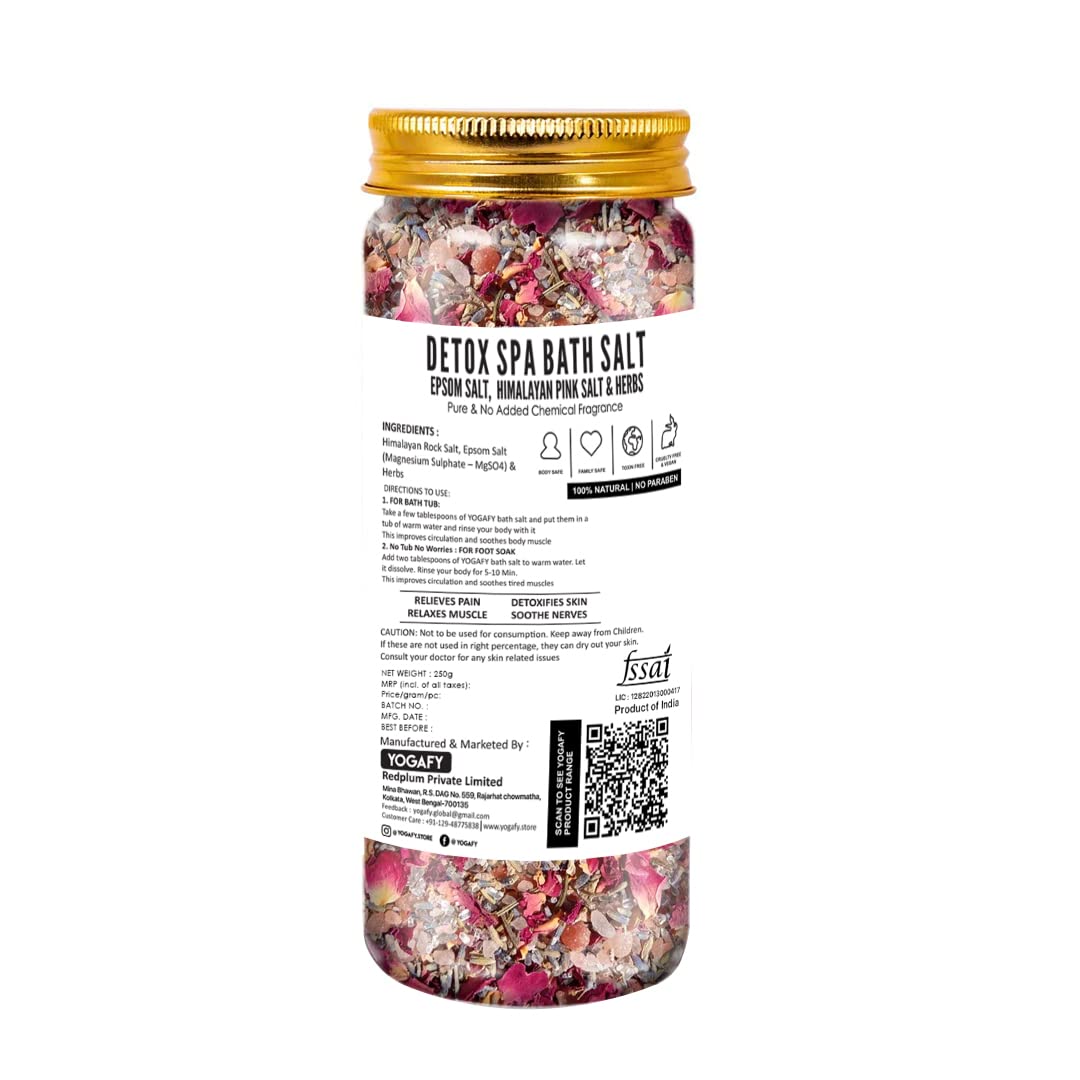 YOGAFY - Epsom Bath Salt Crystals (250 gm) || DETOX SPA || Muscle Relief Body Soak with Epsom Salt Crystals- Deep Soaking Body Aches, Muscle Pain, Joint Soreness and Tired Muscles | Pet Jar Pack |