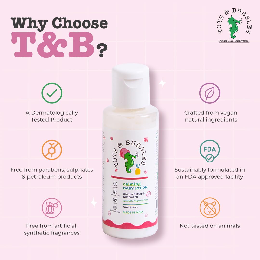 Tots & Bubbles Calming Baby Body Lotion – A Nourishing Moisturizer with Kokum Butter & Sweet Almond Oil - 50ml | Contains Coconut & Cardamom Oil with Konjac Root Extracts | Helps in Skin Nourishment | No Artificial Fragrance