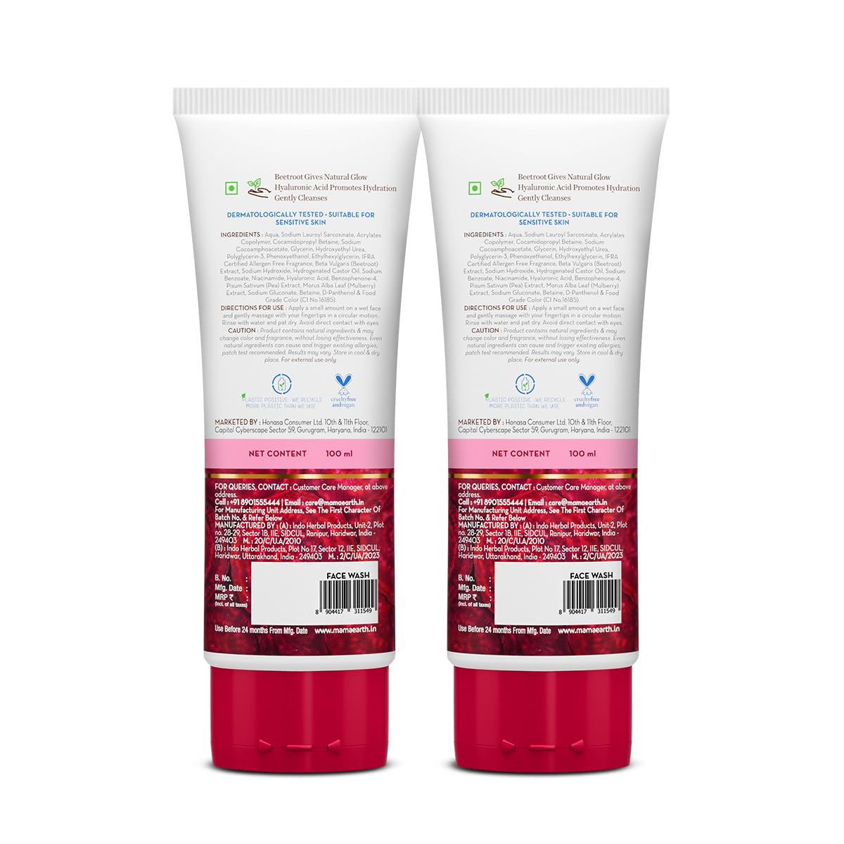 Mamaearth Beetroot Gentle Face Wash With Beetroot & Hyaluronic Acid For Hydrated Pink Glow Gently Cleanses, Hydrates & Soothes Skin Soap - Free Non-Irritant Suits All Skin Types - 100Ml (Pack Of 2)
